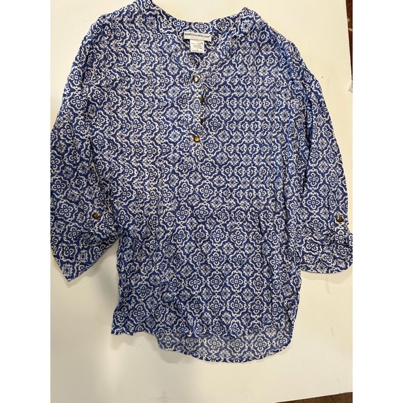 Rebecca Malone Tops - Rebecca Malone Blouse Womens Large Blue White Medallion Print Rayon Button Top
